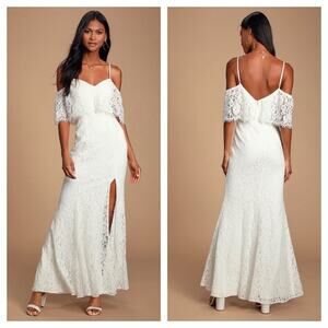 NWT Lulus Caterina White Lace Off-the-Shoulder Mermaid Maxi Dress Gown XS
